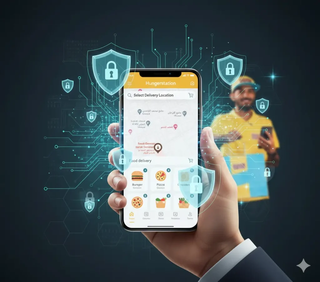 Hungerstation app security illustration showing secure food delivery with digital shields and data protection