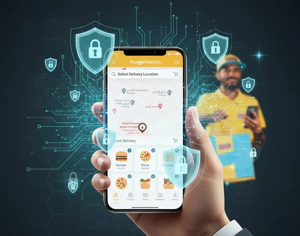 Hungerstation app security illustration showing secure food delivery with digital shields and data protection