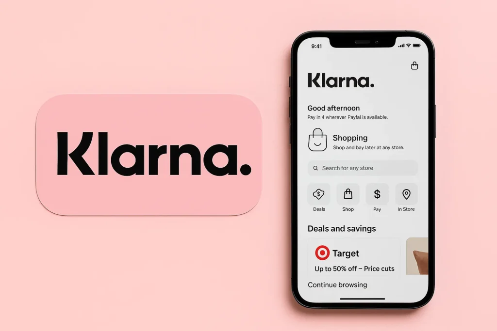Klarna mobile app interface showing shopping, pay later options, deals and savings.