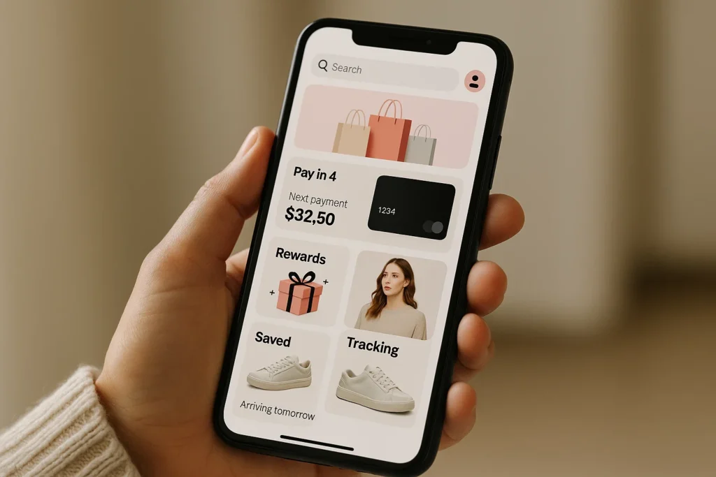 Hand holding a smartphone showing Klarna-style app interface with Pay in 4, rewards, saved items, and package tracking options.