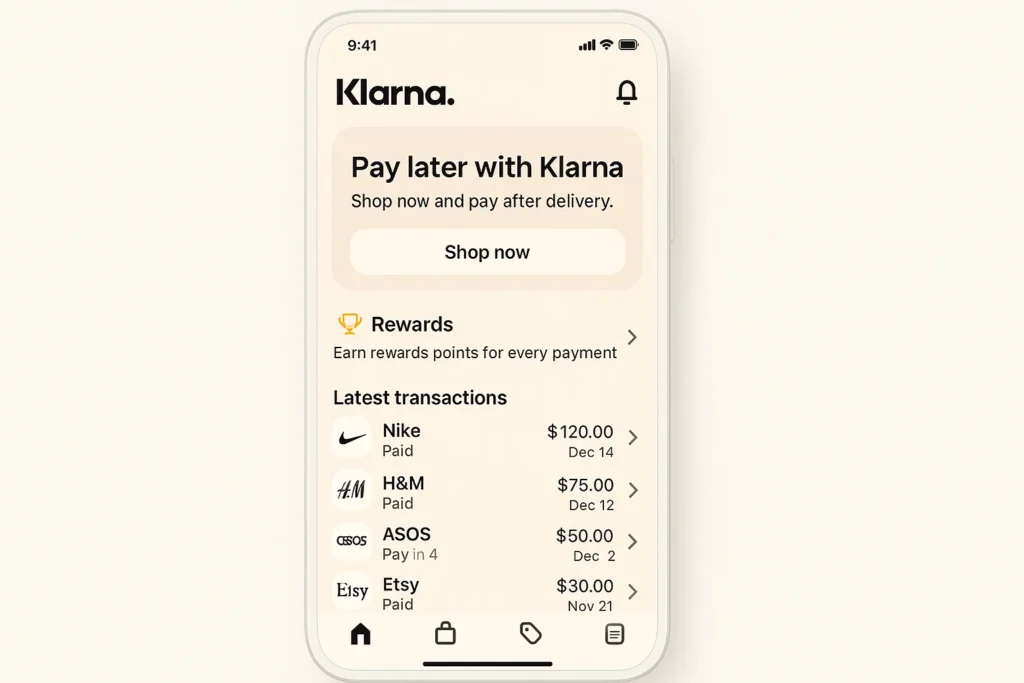 Klarna shopping app home screen showing deals, search bar, and shop now options.