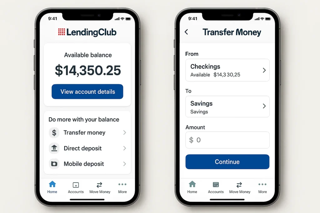 Two smartphone screens showing the LendingClub mobile app, with one screen displaying the available balance and money management options, and the other screen showing the transfer money interface between accounts.