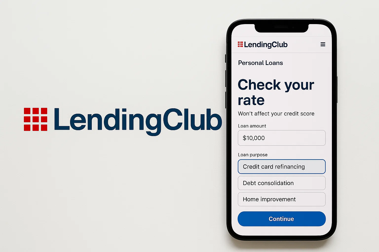 LendingClub app interface showing loan check rate options, loan amount input, and refinancing categories on a smartphone screen.