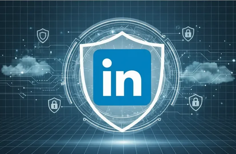 LinkedIn app security illustration with a digital shield and cloud elements representing data protection and privacy.