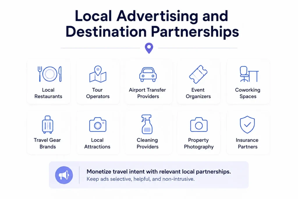 How Short-Term Rental Marketplaces Make Money Beyond Booking Commissions 2 Local advertising and destination partnerships for rental marketplaces featuring restaurants, tour operators, transport, events, coworking, and travel services.