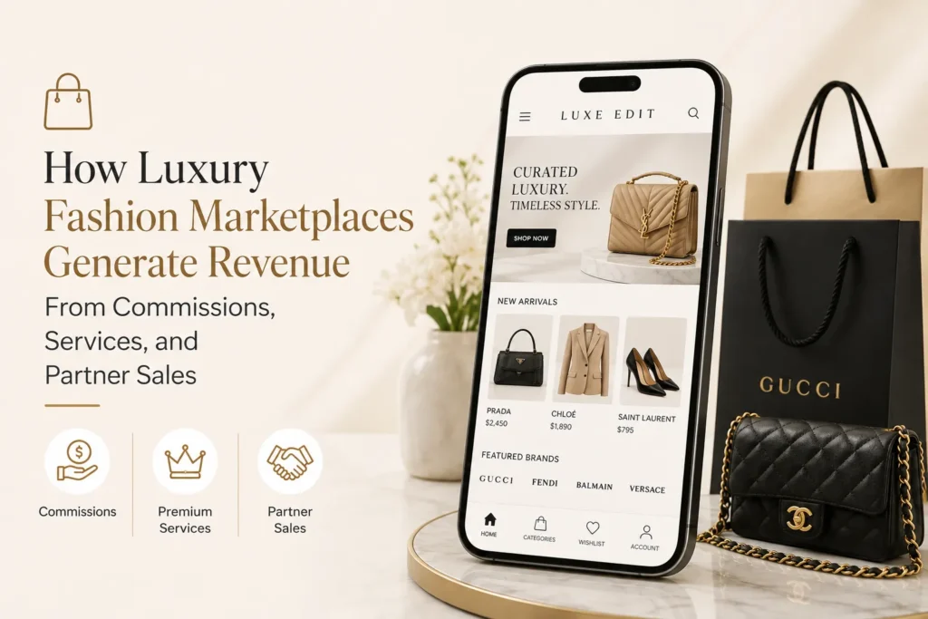 Luxury fashion marketplace revenue model showing commissions, premium services, and partner sales across designer brands and products