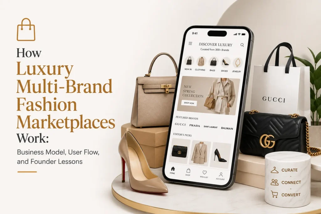 Luxury multi-brand fashion marketplace showing curated designer products, brand discovery, user flow, shopping experience, and marketplace operations