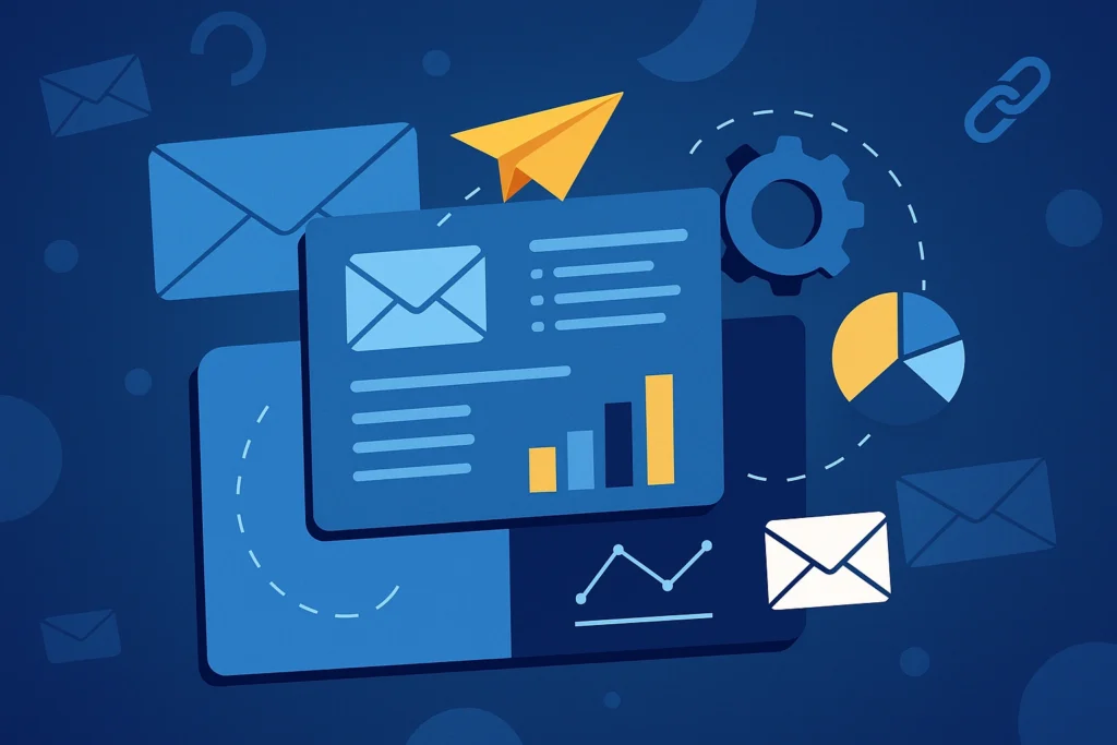 Abstract illustration representing email automation and digital marketing tools