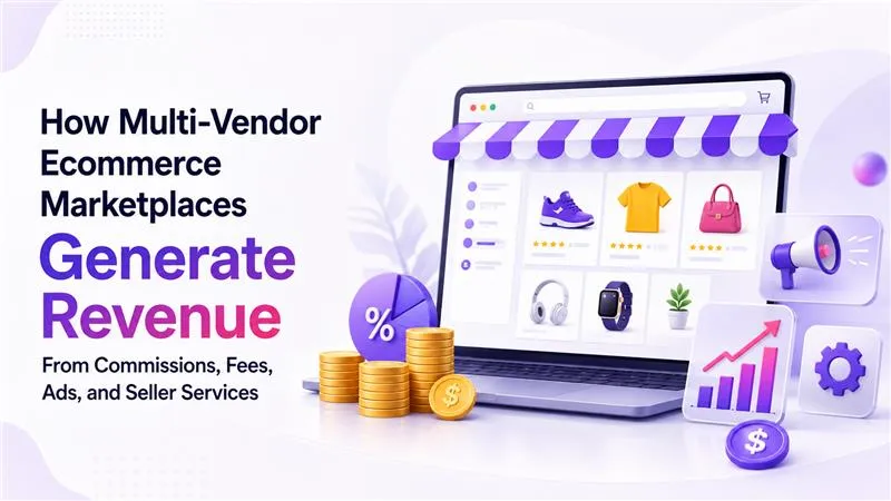 Multi-vendor ecommerce marketplace revenue model using seller commissions, platform fees, advertising, and paid seller services.