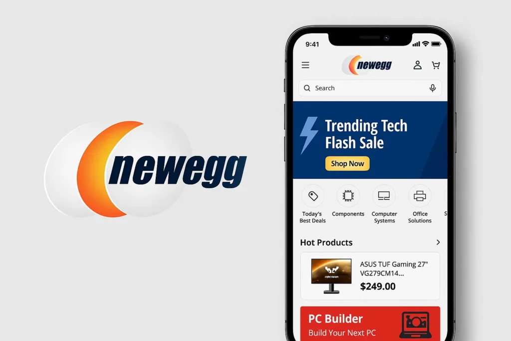 Newegg app logo and mobile interface showcasing trending deals and tech products.