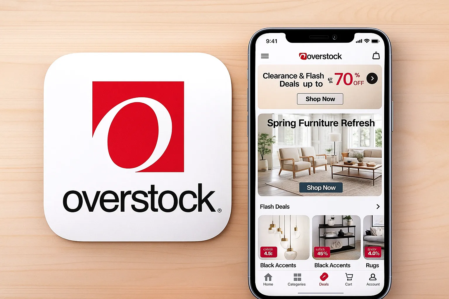 Overstock app logo displayed next to a smartphone showing the Overstock home screen with furniture deals and product categories.
