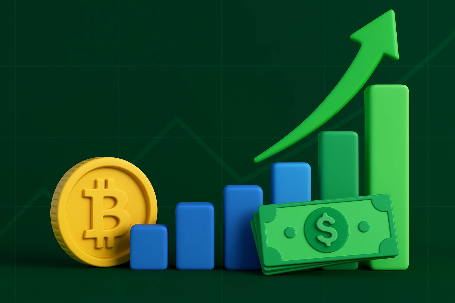 3D financial illustration showing upward revenue growth with bitcoin coins bar chart and stack of real cash representing P2P exchange revenue model