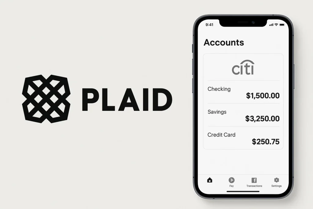 User interface of Plaid financial technology app showing connected Citi bank accounts including checking, savings, and credit card balances, demonstrating how Plaid securely links banking data to fintech applications.