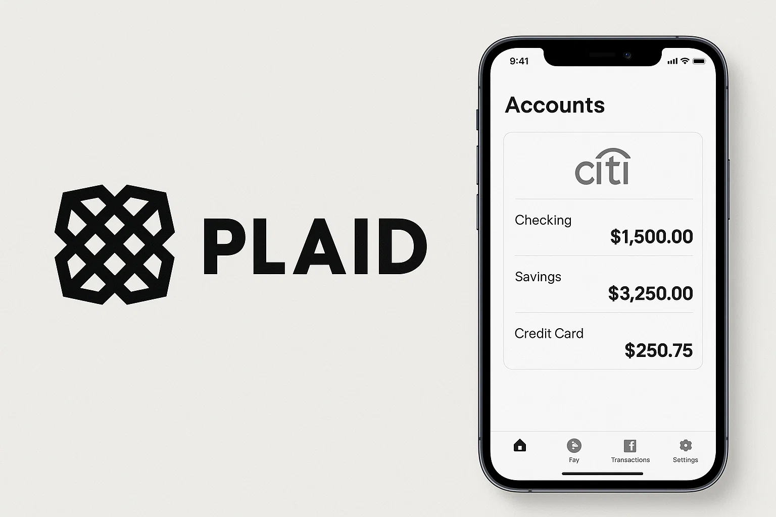 User interface of Plaid financial technology app showing connected Citi bank accounts including checking, savings, and credit card balances, demonstrating how Plaid securely links banking data to fintech applications.