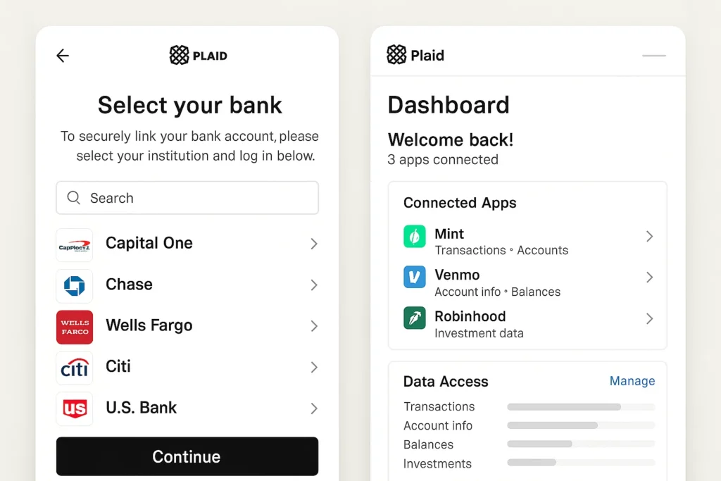 Mobile interface of the Plaid fintech platform showing two screens. The first screen displays a “Select your bank” page with a search bar and a list of major US banks including Capital One, Chase, Wells Fargo, Citi, and U.S. Bank. The second screen shows the dashboard after successful connection, with apps like Mint, Venmo, and Robinhood already linked, along with options to manage data access including transactions, account info, balances, and investments. The UI demonstrates how Plaid securely connects users’ bank accounts to financial apps in real time.