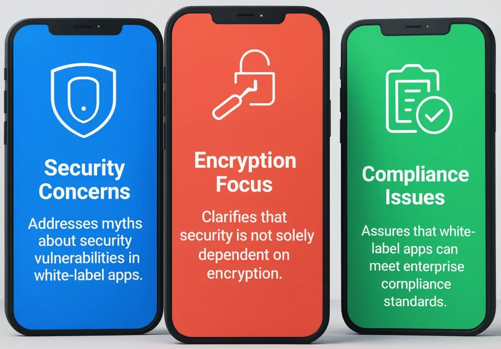 Three mobile screens displaying security concerns, encryption focus, and compliance issues in white-label apps.