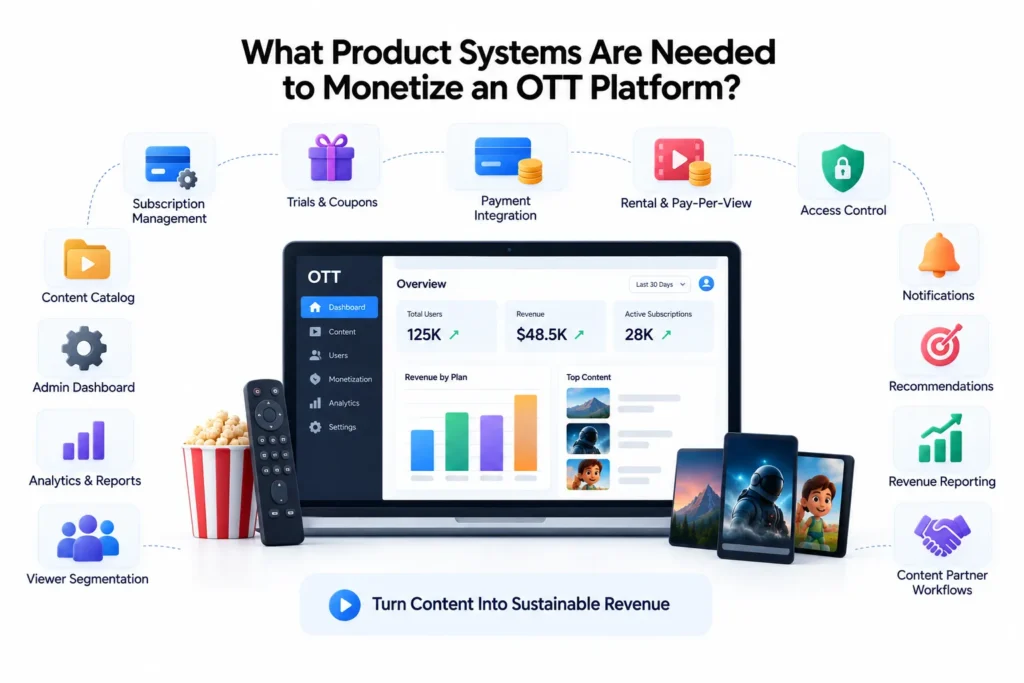 OTT platform monetization systems showing subscription management, trials, payments, rentals, access control, analytics, recommendations, and revenue reporting.