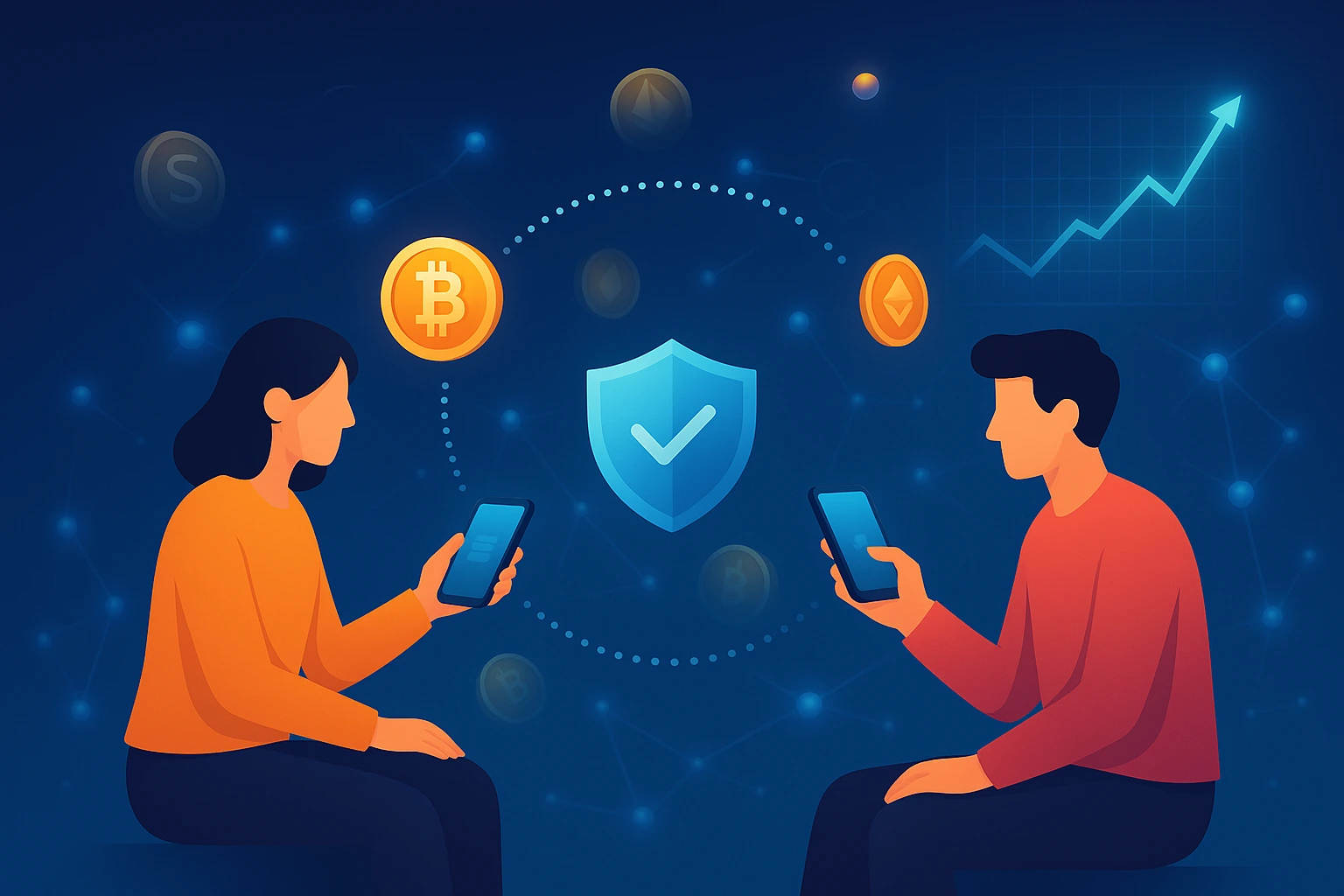 Digital illustration of peer-to-peer crypto trading with secure escrow and revenue model concept for Remitano clone platform in 2025