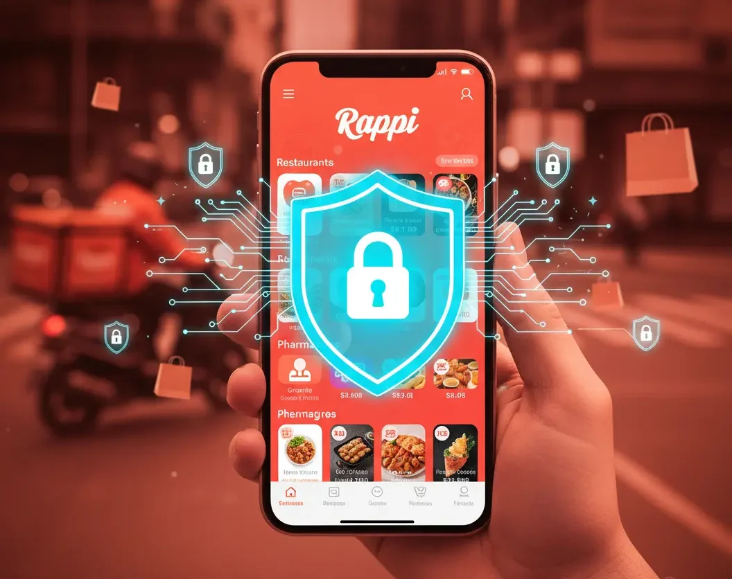 Rappi app security illustration showing protected food delivery interface with digital shield and secure network icons.