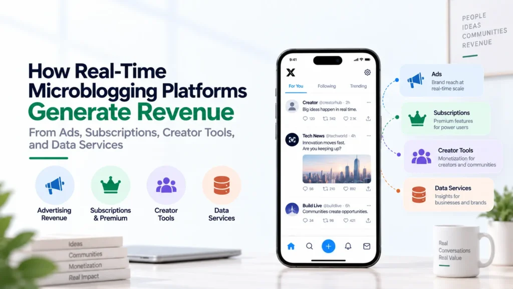 How real-time microblogging platforms generate revenue through advertising, subscriptions, creator tools, and data services