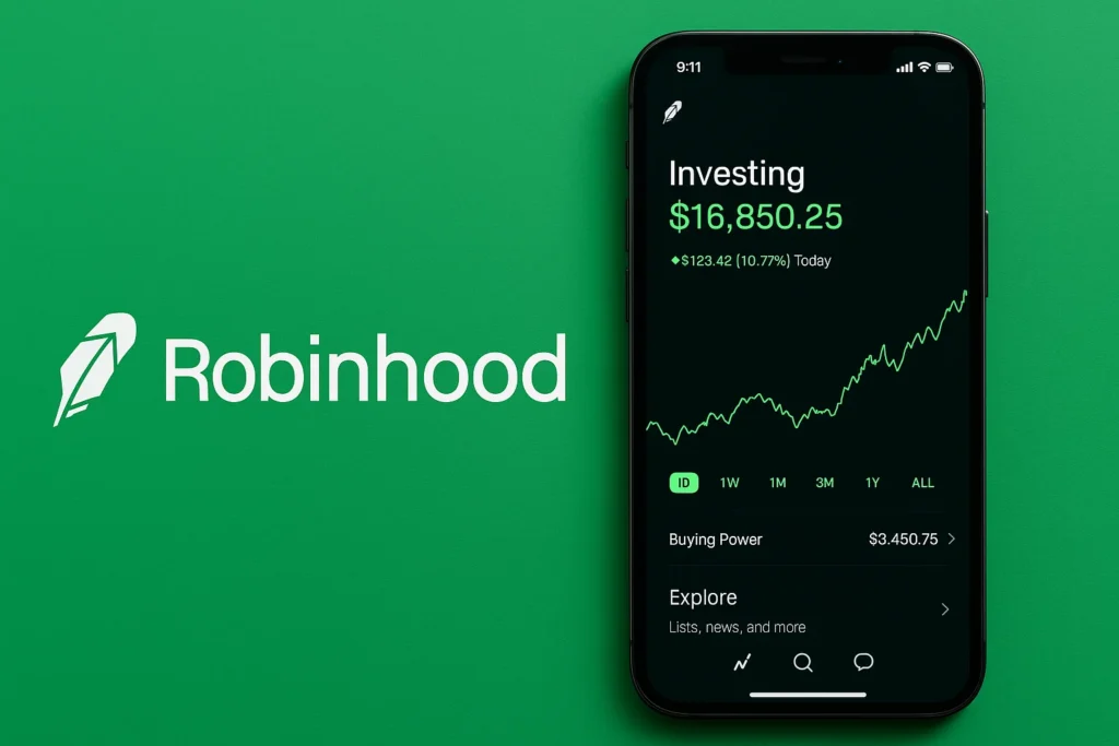 Robinhood investing app interface showing portfolio balance, stock growth chart, and buying power on a smartphone screen.