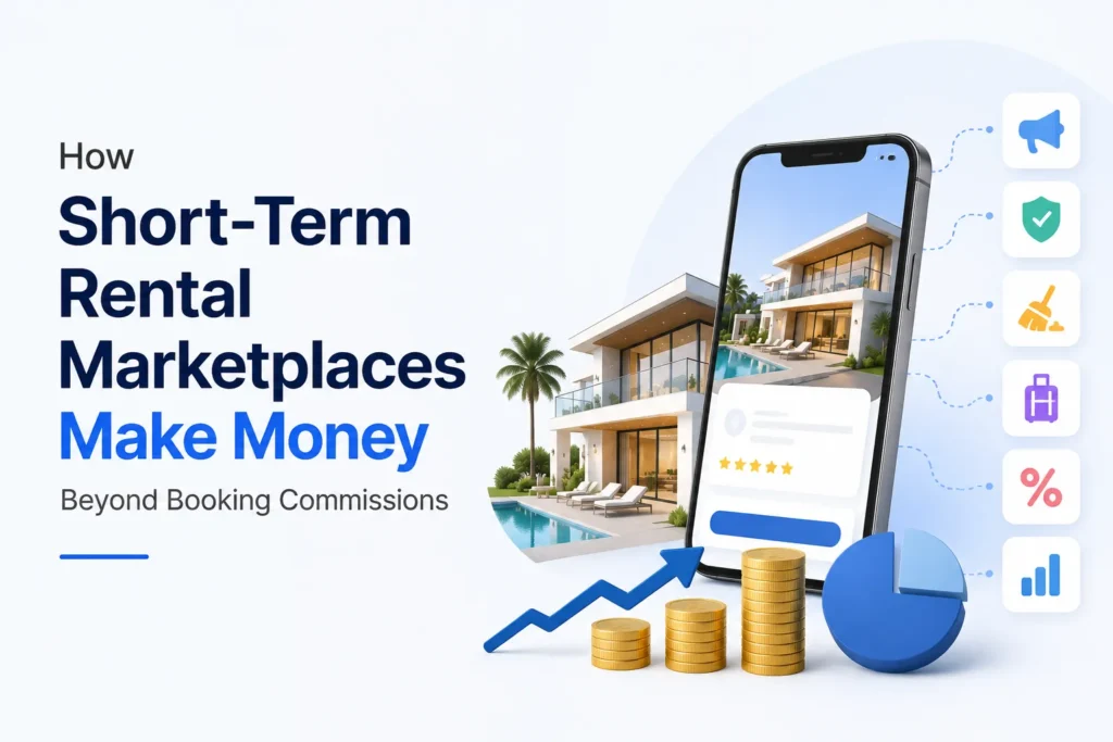 short-term rental marketplace revenue model monetization showing revenue growth beyond booking commissions through multiple income streams.