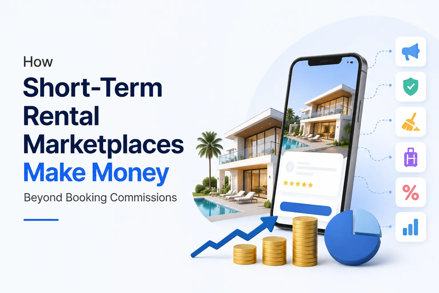 short-term rental marketplace revenue model monetization showing revenue growth beyond booking commissions through multiple income streams.