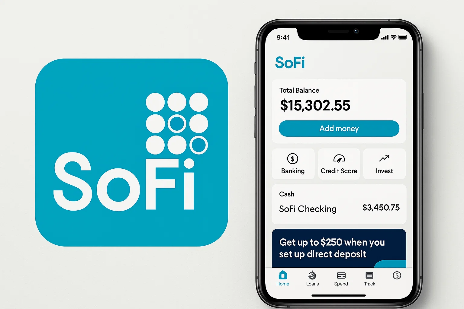 SoFi mobile banking app displaying total balance, checking account, banking options, credit score, and investment tools.