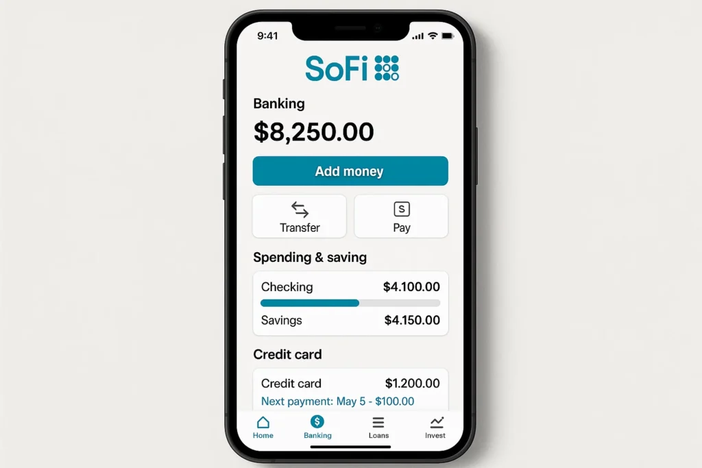 SoFi mobile banking dashboard showing total balance, checking and savings amounts, credit card details, and money transfer options.