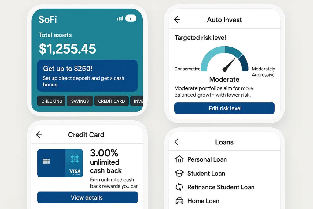 SoFi mobile app interface showing total assets dashboard, auto-invest risk level, credit card cashback screen, and loan options.