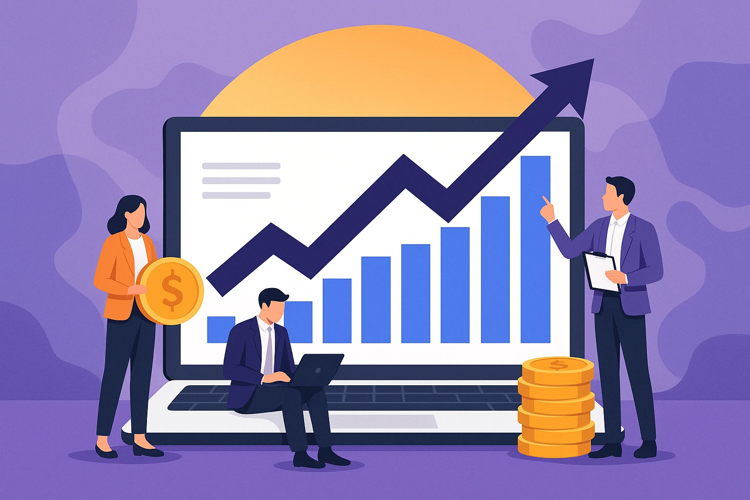 Illustration showing business professionals analyzing revenue growth for a Squarespace clone platform.