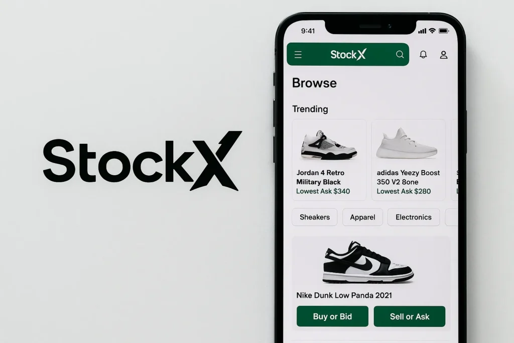 StockX app logo and mobile interface showing trending sneakers and real-time bid ask prices