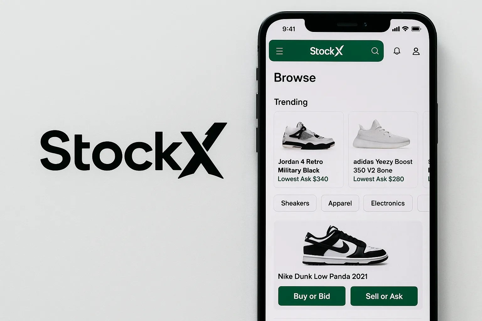 StockX app logo and mobile interface showing trending sneakers and real-time bid ask prices