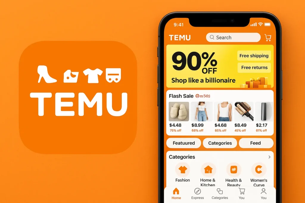 Temu app logo and mobile interface displaying discounts, flash sale items, and shopping categories on an orange background