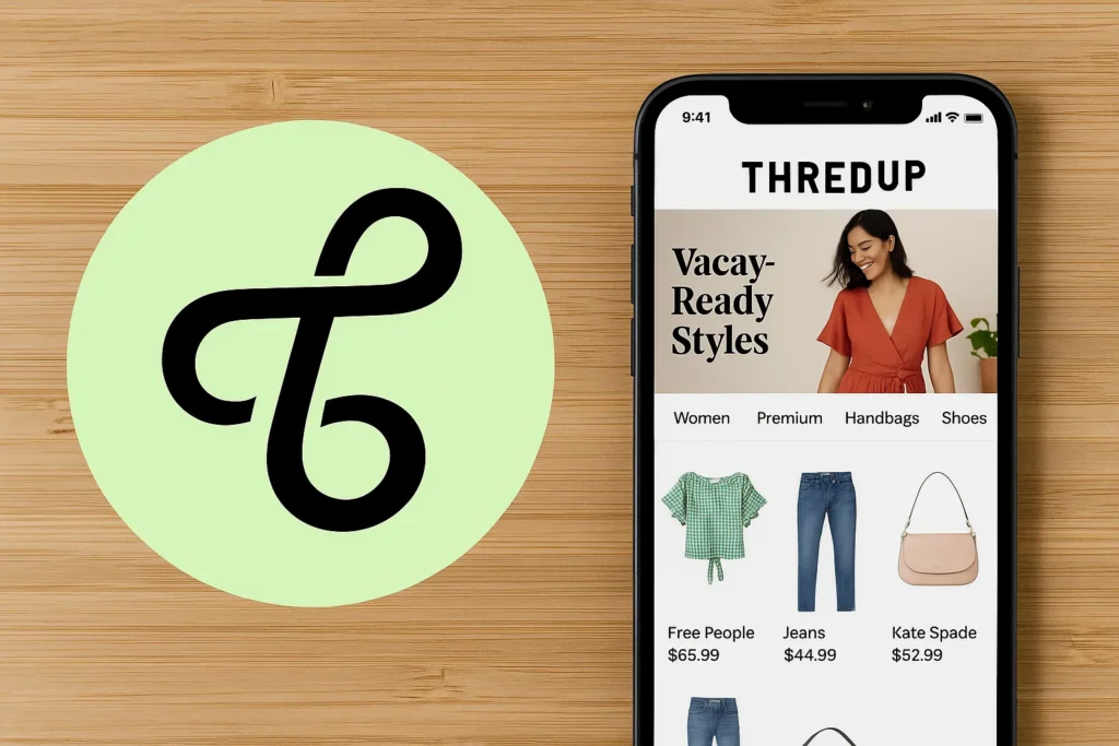 Smartphone screens displaying ThredUp app features for selling and buying secondhand clothing with logo on mint background