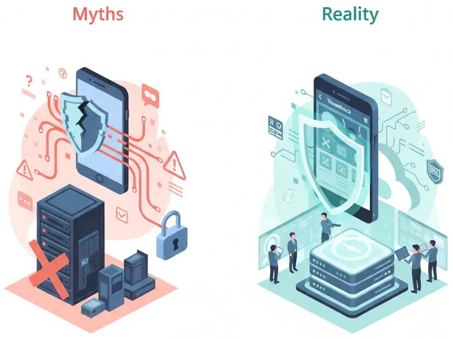 Myths vs reality of white-label app security showing insecure setup on one side and protected infrastructure on the other