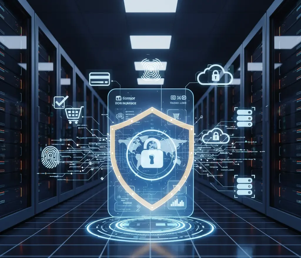 Secure server data center with digital shield, cloud protection, encryption icons, and global cybersecurity network visualization