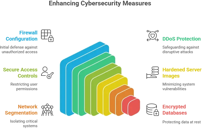 Tinder app infrastructure hardening diagram showing multi-layer security components such as firewalls, DDoS protection, encrypted databases, and secure servers.