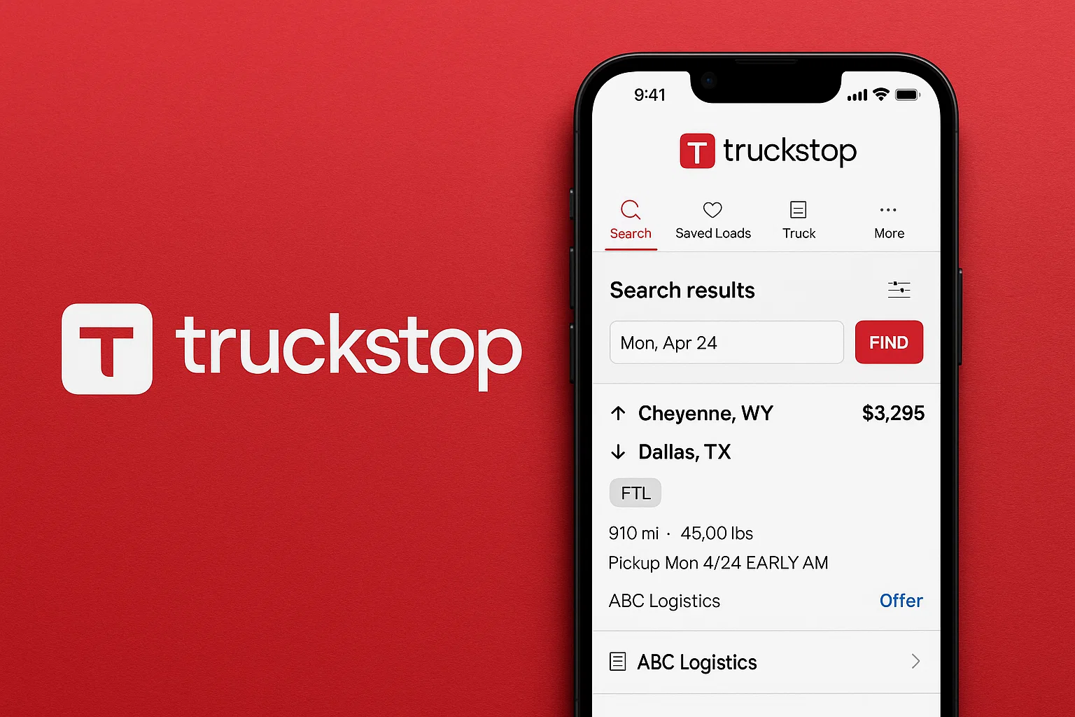 Mobile screen showing the Truckstop load board app with a “Search Loads” interface, including origin set to Atlanta, GA, destination input field, availability date, equipment type as van, and a scrollable list of load results with rates in USD, all placed on a bold red background with the Truckstop logo on the left, representing a modern freight matching and trucking marketplace application.