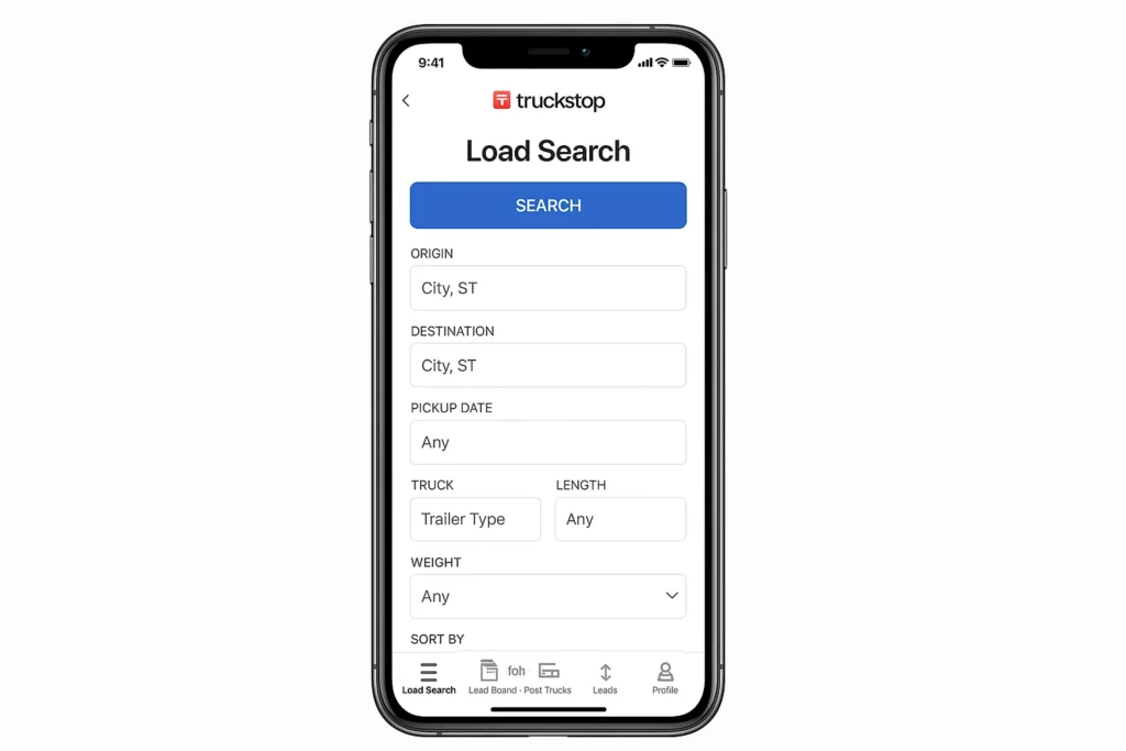Mobile screenshot of the Truckstop load search screen showing fields to enter origin, destination, pickup date, truck trailer type, load weight, and sorting options for freight, demonstrating how truckers search available loads on the Truckstop logistics platform.