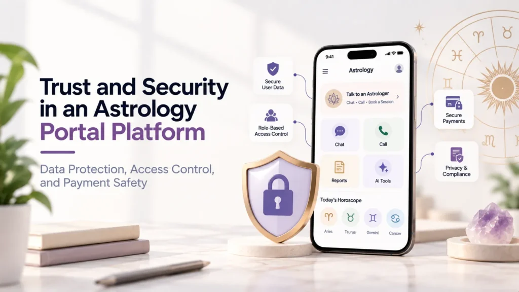 Trust and security in an astrology portal platform with user data protection, role-based access control, secure payments, privacy, and compliance.