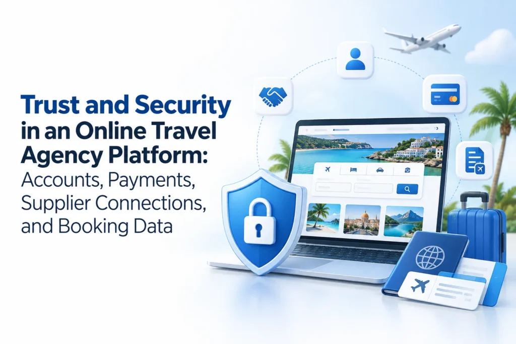 Trust and security in an online travel agency platform covering traveler accounts, payments, supplier connections, and booking data protection.