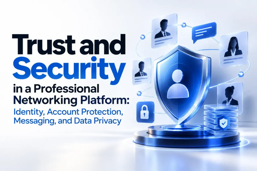 Trust and security in a professional networking platform with identity, account protection, messaging, and data privacy