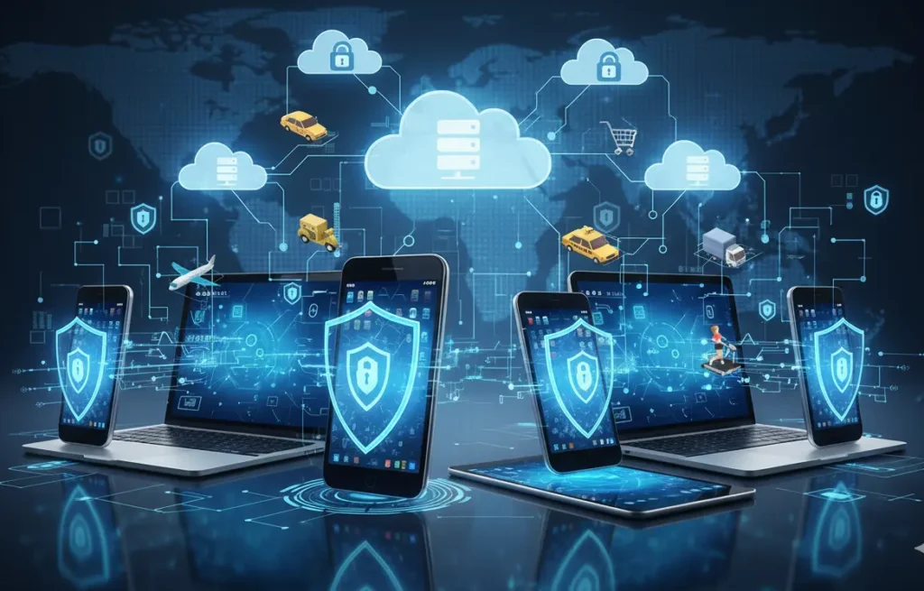 Cloud-based app security illustration showing multiple devices connected to secure servers with encrypted data flow and digital shield icons