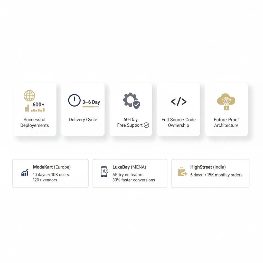 Chart showing Miracuves Farfetch Clone Script strengths and client success metrics, including delivery speed, deployments, and full code ownership.