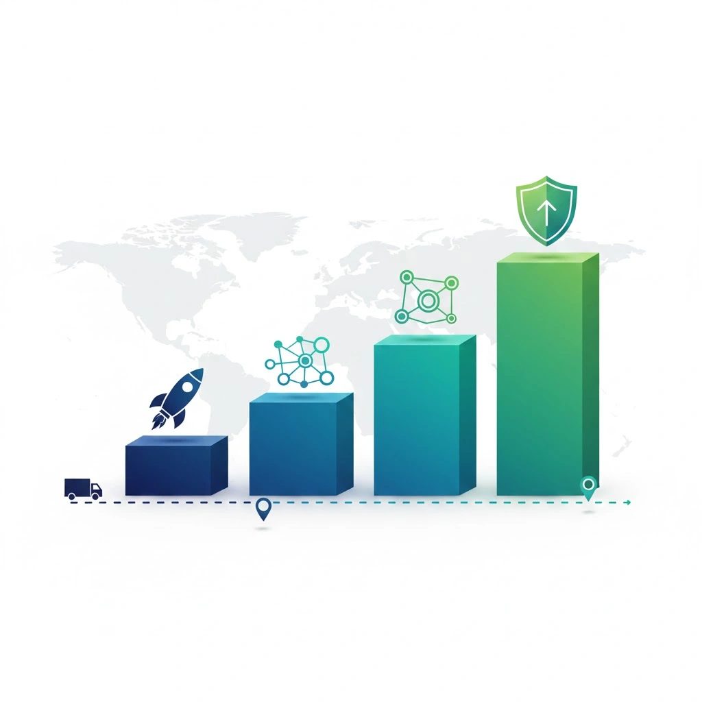 Conceptual infographic visual representing Miracuves advantages in 123Loadboard clone development through performance growth and logistics scalability elements.