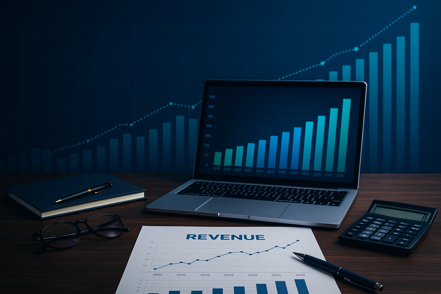 Creative financial workspace with charts and laptop representing Upwork Clone revenue model analysis.