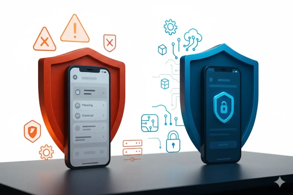 White label service app security comparison showing risky app with warning shield versus secure app with lock protection and encryption icons