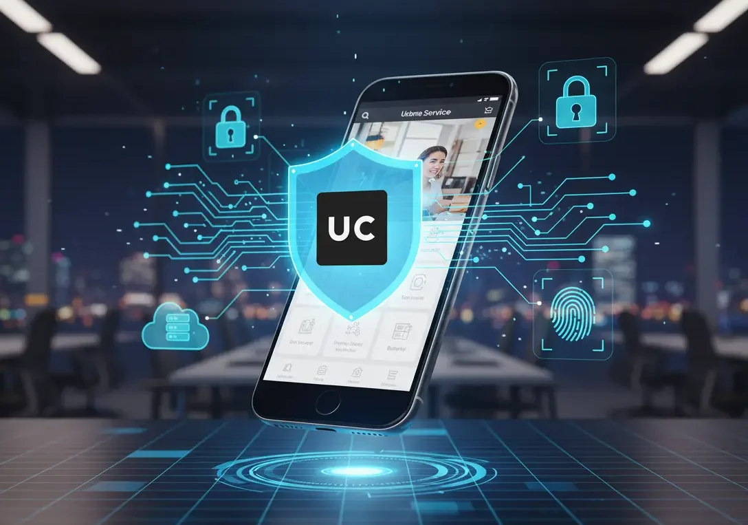 UrbanClap service app protected by digital security shield with encryption, cloud security, and biometric protection icons