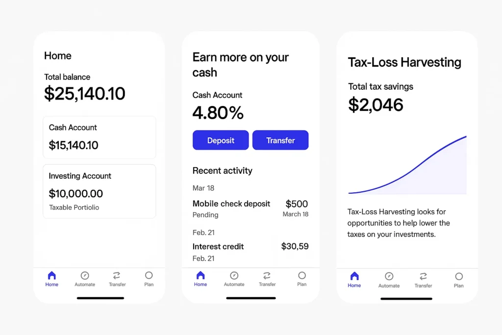 Wealthfront app showing cash account balance, high-yield savings rate of 4.80 percent, recent activity, and tax-loss harvesting savings graph on three mobile screens.